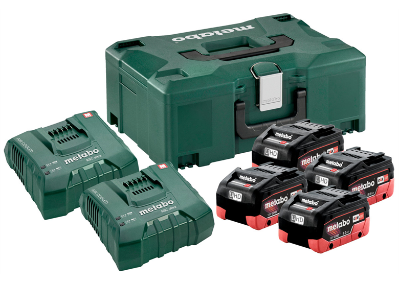 Set 4 accu's 18V LiHD 8.0Ah met 2x ASC Ultra-oplader in MetaLoc Metabo 685135000