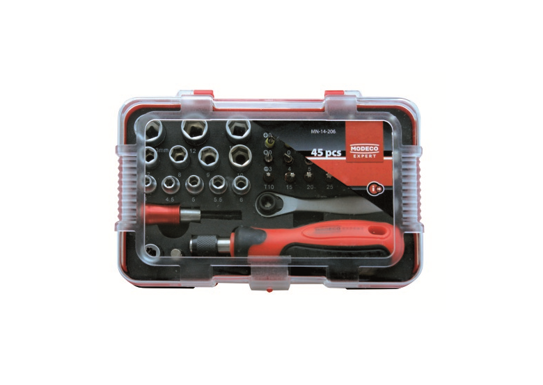 SEt 45-delige schroevendraaier, mini-rammelaar, doppen, PVC box  [expert] Modeco MN-14-206
