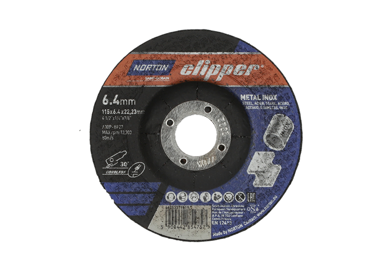 Slijpschijf voor metaal/inox 115x6,4mm Norton A30P-115x6.4x22.23-T27 NOR-Clipper